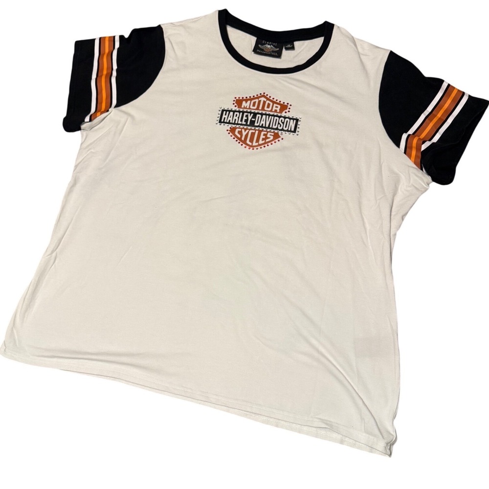 Harley-Davidson Womens Plus 3W Ringer T-Shirt Studded Logo Striped Sleeve White